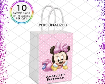 Minnie Mouse Favor Bags, Personalized 1st Birthday and Baby Shower Gift, Decorations for Girl Gender Reveal and Mickey & Friends