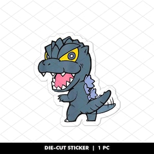 May include: A die-cut sticker featuring a cartoon-style blue-gray monster with sharp teeth, a wide-open pink mouth, and bright yellow eyes. The creature has jagged dorsal fins along its back and a long tail, presented as a single piece.