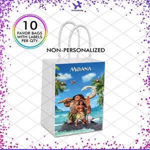 May include: A white paper gift bag with a Moana themed design. The bag features Maui and Moana standing on a rock in the ocean. The bag has a white handle and says "NON-PERSONALIZED" on the front. The bag is for 10 favor bags with labels per quantity.