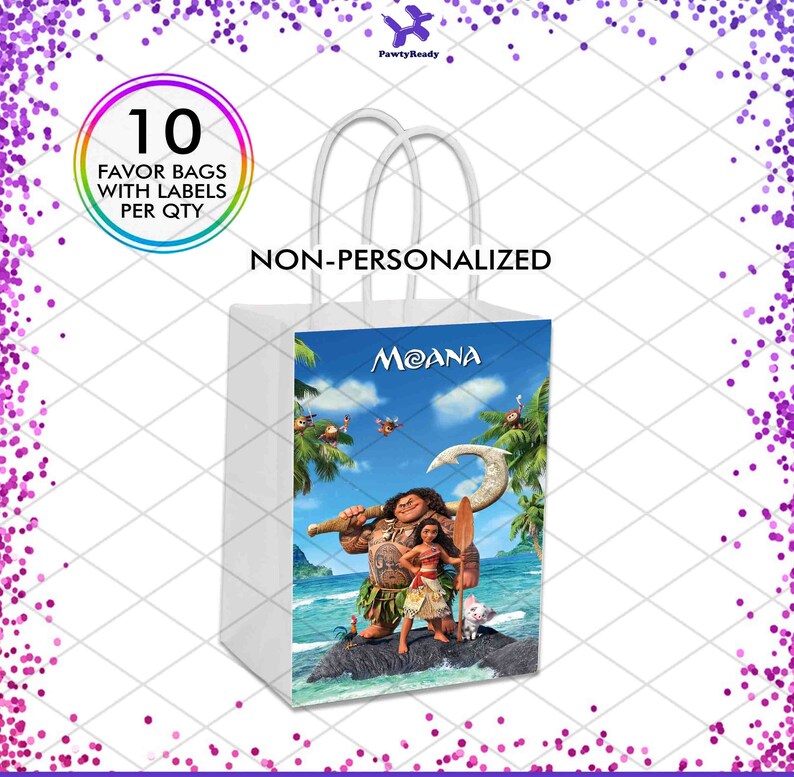 May include: A white paper gift bag with a Moana themed design. The bag features Maui and Moana standing on a rock in the ocean. The bag has a white handle and says "NON-PERSONALIZED" on the front. The bag is for 10 favor bags with labels per quantity.
