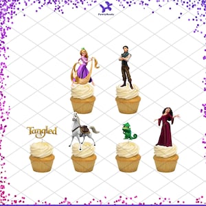 May include: Six cupcake toppers featuring characters from the Disney movie Tangled. The toppers include Rapunzel, Flynn Rider, Pascal the chameleon, Maximus the horse, and Mother Gothel. The toppers are printed on edible paper and are perfect for decorating cupcakes for a Tangled-themed party.