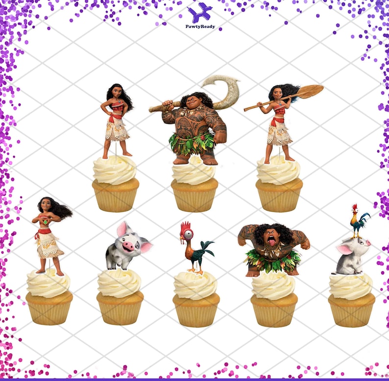 Puede incluir: Un conjunto de 9 adornos para cupcakes con personajes de la pel&iacute;cula animada Moana. Los adornos incluyen a Moana, Maui, Pua el cerdo, Hei Hei el gallo y m&aacute;s. Los adornos est&aacute;n impresos en cartulina y son perfectos para decorar cupcakes para una fiesta con tem&aacute;tica de Moana.