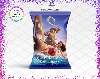 Moana 2 Maui Chip Bags Wrappers Labels Favor Treat Gift Birthday Decorations Supplies Princess Girl Sailing Adventure