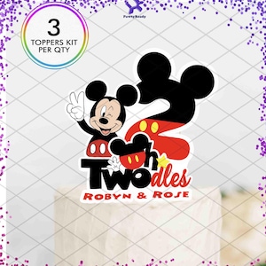 May include: A cake topper featuring Mickey Mouse with a peace sign, the number 2, and the words "Twoodles". The topper is in black, red, and white, with the names "ROBYN & ROSE" at the bottom. The image also includes a circle with the text "3 TOPPERS KIT PER QTY".