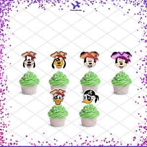 Op de afbeelding: Zeven cupcakes met groene frosting en karaktertoppers. De toppers tonen stripfiguren met piratenhoeden. De afbeelding heeft een witte achtergrond met een paarse stippelrand en de tekst "PawtyReady".