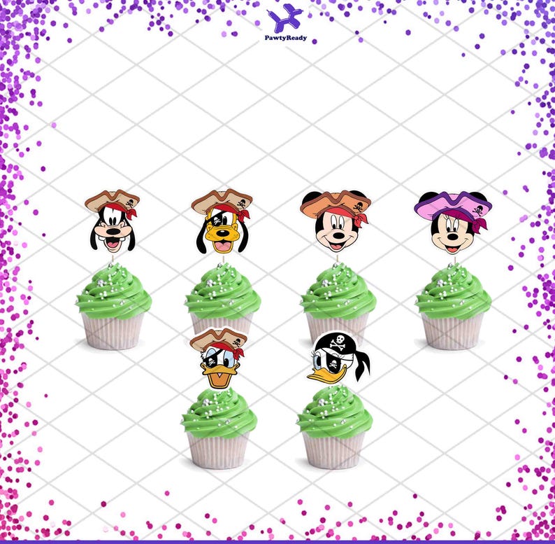 Op de afbeelding: Zeven cupcakes met groene frosting en karaktertoppers. De toppers tonen stripfiguren met piratenhoeden. De afbeelding heeft een witte achtergrond met een paarse stippelrand en de tekst "PawtyReady".