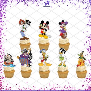 Op de afbeelding: Een verzameling cupcakes met piratenthema-toppers. De toppers tonen stripfiguren zoals Mickey Mouse, Minnie Mouse, Donald Duck en Goofy, allemaal verkleed als piraten. De cupcakes hebben witte frosting en zijn gerangschikt op een witte achtergrond.