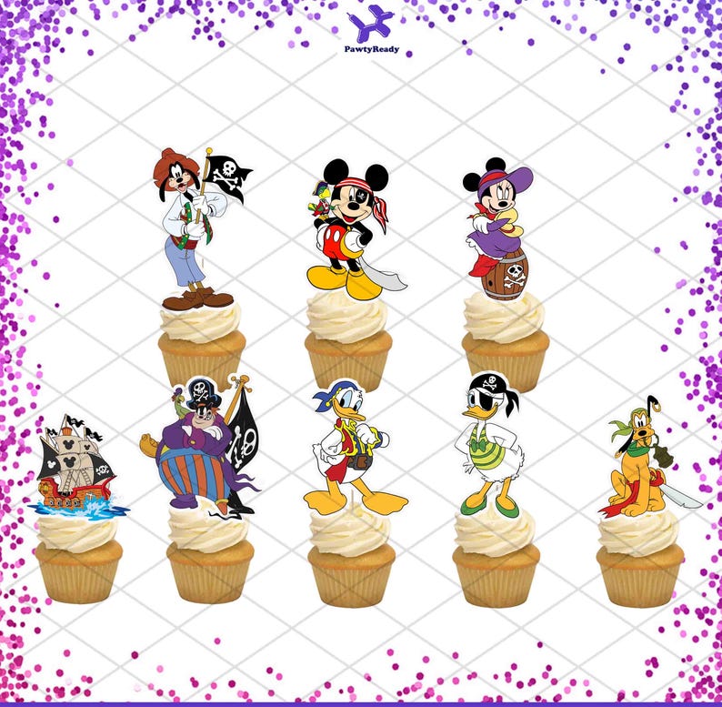 Op de afbeelding: Een verzameling cupcakes met piratenthema-toppers. De toppers tonen stripfiguren zoals Mickey Mouse, Minnie Mouse, Donald Duck en Goofy, allemaal verkleed als piraten. De cupcakes hebben witte frosting en zijn gerangschikt op een witte achtergrond.