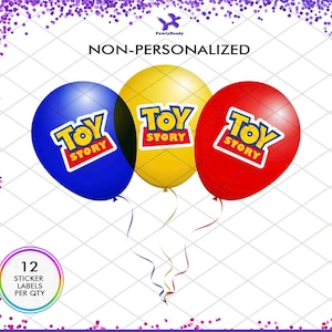 May include: Twelve Toy Story balloon stickers, each featuring a red, yellow, or blue balloon with the Toy Story logo in white. The text "Toy Story" is printed on each balloon in yellow. The stickers are designed for use on balloons.
