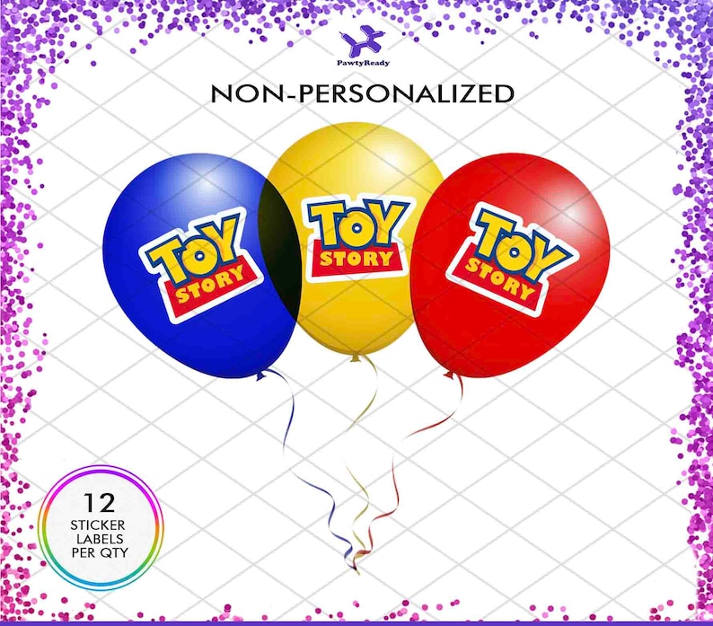 May include: Twelve Toy Story balloon stickers, each featuring a red, yellow, or blue balloon with the Toy Story logo in white. The text "Toy Story" is printed on each balloon in yellow. The stickers are designed for use on balloons.