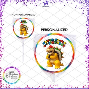 Bowser Sticker Labels Birthday Party Favor Treat Bags Boxes Decorations Supplies Koopalings