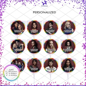 May include: A sheet of personalized stickers with images of people, each with a rainbow border. The text "KATIE'S 11TH BIRTHDAY" is printed on each sticker. Sizes available are 2", 3", and 4" stickers.