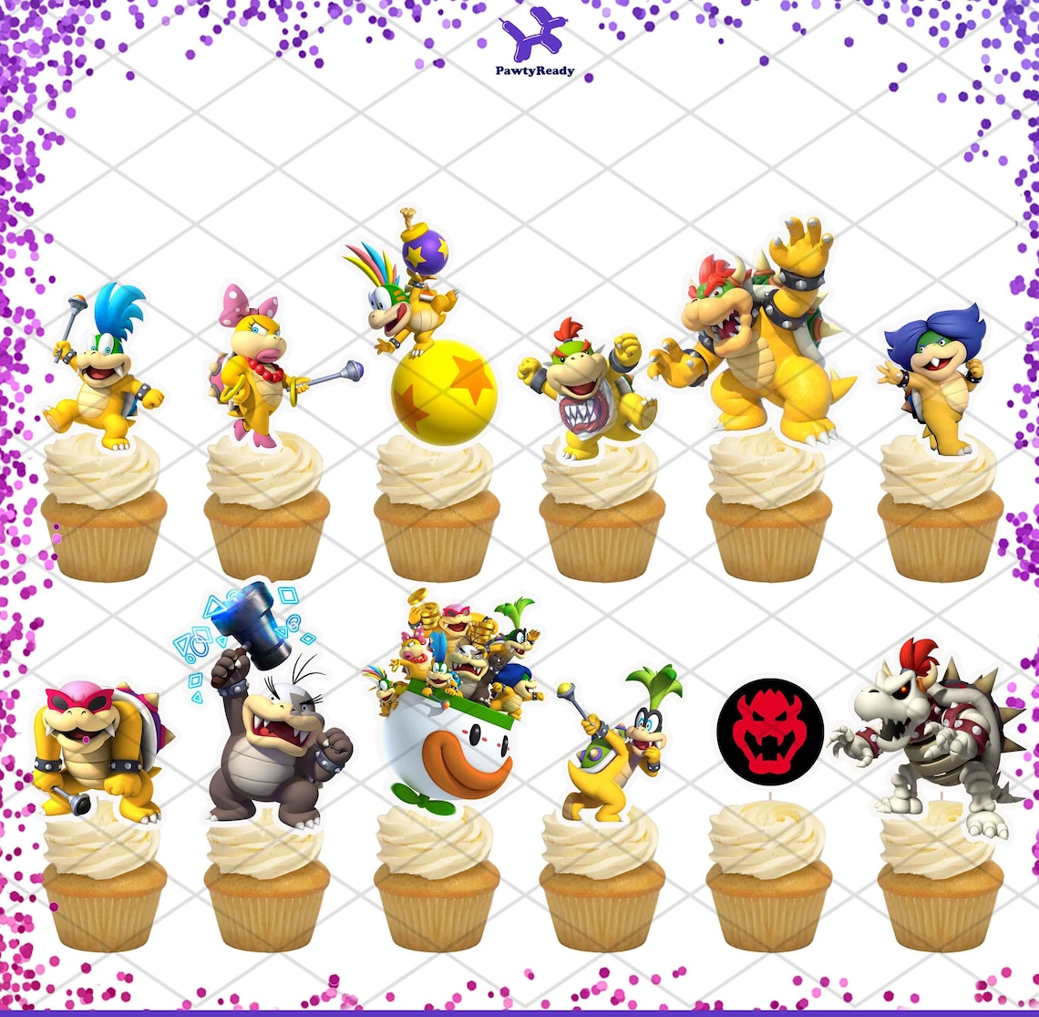 May include: Twelve cupcake toppers featuring characters from the Super Mario Bros. video game franchise. The toppers are printed on edible frosting sheets and feature characters such as Bowser, King Boo, and various koopas. The toppers are arranged in a grid pattern on a white background. PawtyReady is printed in the top center of the image.