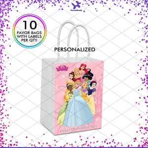 May include: A set of 10 white personalized favor bags with pink handles. The bags feature a Disney Princesses design with a pink background and a group of princesses including Cinderella, Ariel, Belle, and Tiana. The bags are labeled "Happy 5th Birthday Lara".