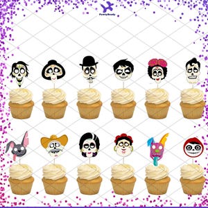 May include: Cupcakes with decorative toppers featuring Day of the Dead skull designs. The toppers are colorful and detailed, with various expressions and styles. The cupcakes have white frosting and are arranged in rows.
