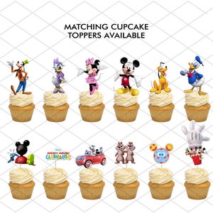 May include: A collection of cupcakes topped with various Disney character figurines. Characters include Mickey Mouse, Minnie Mouse, Donald Duck, Goofy, and Pluto. The cupcakes have a swirl of white frosting and are in brown paper cups. Text at the top reads "Matching Cupcake Toppers Available."