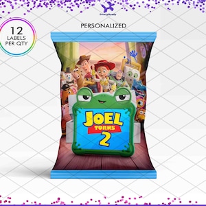 May include: A rectangular snack bag label featuring a colorful Toy Story character graphic. The center displays a green frog-shaped frame with the text JOEL TURNS 2 in yellow and blue. The top includes the text PERSONALIZED and 12 LABELS PER QTY.