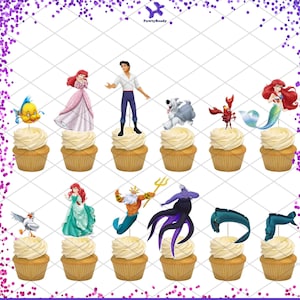 K&ouml;nnte beinhalten: Ein Set mit 12 Cupcake-Toppern mit Figuren aus dem Disney-Film Die kleine Meerjungfrau. Die Topper zeigen Arielle, Prinz Eric, Flounder, Sebastian, Ursula, K&ouml;nig Triton und Scuttle. Die Topper sind auf Karton gedruckt und perfekt, um Ihrer n&auml;chsten Party einen Hauch von Magie zu verleihen.