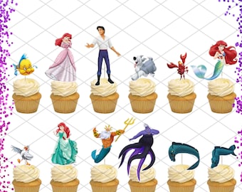 Disney Little Mermaid Ariel Topper Cupcake Favor Birthday Party Decorations My Litte Princess Flounder Prince Eric Ursula King Triton