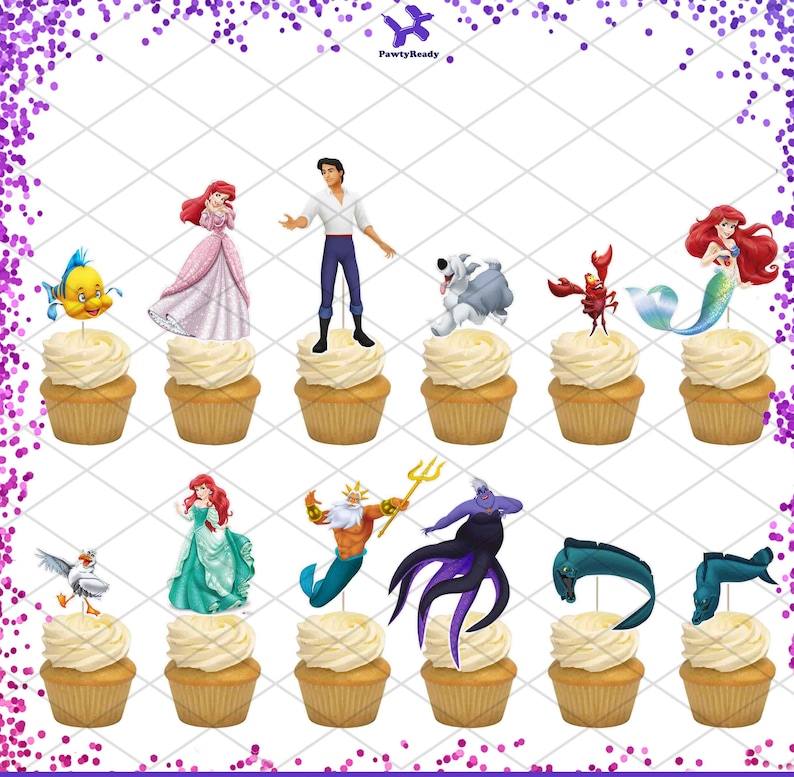 K&ouml;nnte beinhalten: Ein Set mit 12 Cupcake-Toppern mit Figuren aus dem Disney-Film Die kleine Meerjungfrau. Die Topper zeigen Arielle, Prinz Eric, Flounder, Sebastian, Ursula, K&ouml;nig Triton und Scuttle. Die Topper sind auf Karton gedruckt und perfekt, um Ihrer n&auml;chsten Party einen Hauch von Magie zu verleihen.