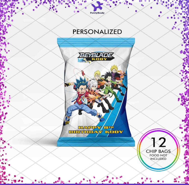 May include: Twelve blue and white chip bags with a Beyblade Kody theme. The bags feature a group of cartoon characters from the Beyblade anime series. The text on the bags reads "Beyblade Kody" and "Happy 8th Birthday Kody".