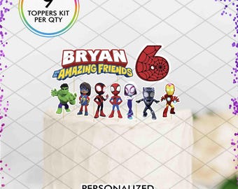 Spidey and his Amazing Friends Custom Name Logo Cake Toppers, Personalized Birthday Party Kit Centerpiece Decorations