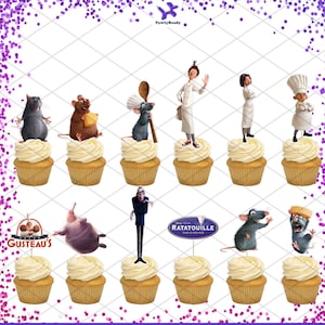 May include: A set of 10 Ratatouille cupcake toppers featuring characters from the Disney Pixar movie. The toppers include Remy, Linguini, Colette, Gusteau, and other characters. The toppers are printed on cardstock and are perfect for decorating cupcakes for a Ratatouille themed party.