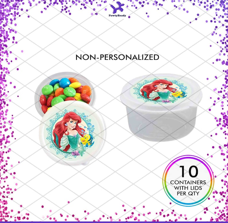 Puede incluir: Conjunto de 10 recipientes de pl&aacute;stico blanco con tapas, con una imagen impresa de Ariel de La Sirenita. Cada recipiente mide aproximadamente 7,5 cm de di&aacute;metro y 5 cm de alto. NO PERSONALIZADO.