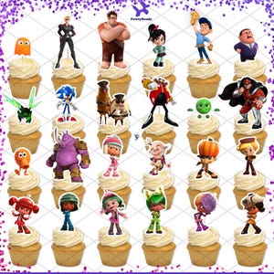 May include: Cupcakes topped with various cartoon character figurines, including a purple rhino, a green insect, and a character with a pumpkin head. The cupcakes have white frosting and are arranged in rows. The image has a purple border.