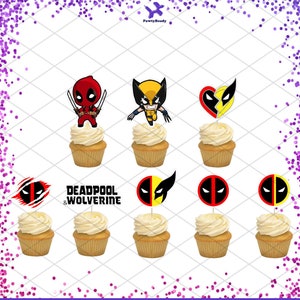 Puede incluir: Ocho adornos para cupcakes con los personajes de Deadpool y Wolverine. Los adornos incluyen un Deadpool rojo y negro con espadas, un Wolverine amarillo y negro, un coraz&oacute;n con un Deadpool rojo y negro y un Wolverine amarillo y negro, un Deadpool rojo y negro con una marca de garra, un Wolverine amarillo y negro con una marca de garra, un Deadpool rojo y negro, un Wolverine amarillo y negro y un Deadpool rojo y negro con una marca de garra. El texto "DEADPOOL & WOLVERINE" tambi&eacute;n est&aacute; incluido en uno de los adornos.
