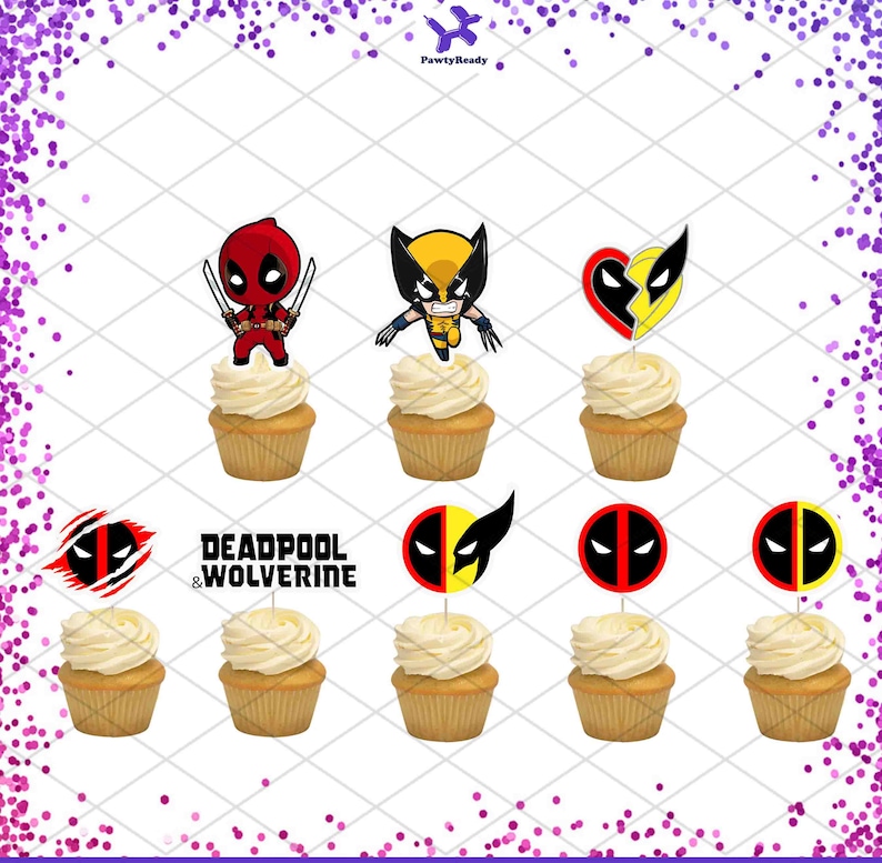 Puede incluir: Ocho adornos para cupcakes con los personajes de Deadpool y Wolverine. Los adornos incluyen un Deadpool rojo y negro con espadas, un Wolverine amarillo y negro, un coraz&oacute;n con un Deadpool rojo y negro y un Wolverine amarillo y negro, un Deadpool rojo y negro con una marca de garra, un Wolverine amarillo y negro con una marca de garra, un Deadpool rojo y negro, un Wolverine amarillo y negro y un Deadpool rojo y negro con una marca de garra. El texto "DEADPOOL & WOLVERINE" tambi&eacute;n est&aacute; incluido en uno de los adornos.