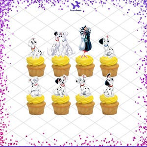 May include: Eight cupcake toppers featuring characters from the Disney movie 101 Dalmatians. The toppers include Cruella De Vil, Dalmatian puppies, and a Dalmatian adult dog. The toppers are printed on edible paper and are perfect for decorating cupcakes for a 101 Dalmatians themed party.