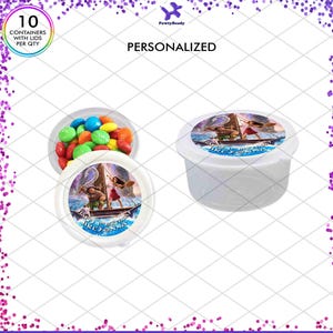 May include: Personalized party favor containers with lids, featuring a Moana themed design with the text "Happy Birthday Breyonna". The containers are filled with colorful candy.
