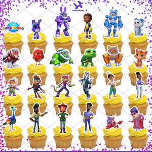 May include: A collection of twenty-four cupcakes, each topped with a unique character cutout from the Robogobo series. The characters include various robots, animals, and human figures in colorful outfits, all arranged on a white background.