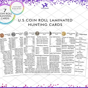 May include: Laminated coin roll hunting cards with key dates and varieties for various U.S. coins. Includes information on Penny, Nickel, Dime, Quarter, Half Dollar, and Dollar coins. The cards measure 8.25" x 3.25".