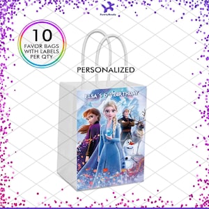 May include: A set of 10 personalized favor bags featuring Elsa, Anna, Olaf, and Kristoff from the movie Frozen. The bags are white with a blue and purple design and the text "Elsa's 6th Birthday".