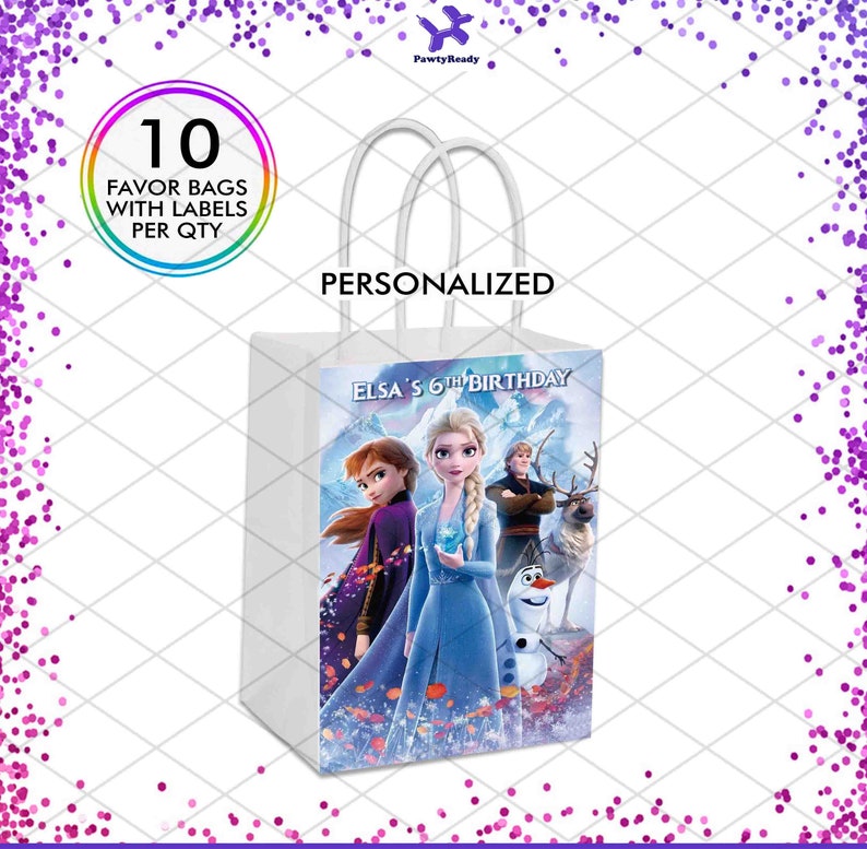 May include: A set of 10 personalized favor bags featuring Elsa, Anna, Olaf, and Kristoff from the movie Frozen. The bags are white with a blue and purple design and the text "Elsa's 6th Birthday".