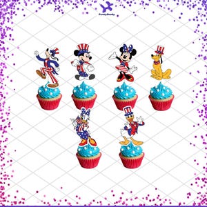 May include: Cupcakes with red liners, blue frosting, and white sprinkles, topped with patriotic Disney character cutouts. Characters include Mickey Mouse, Minnie Mouse, Goofy, Pluto, Daisy Duck, and Donald Duck. The image has a purple border and the text "PawtyReady".