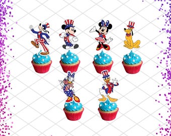 May include: Cupcakes with red liners, blue frosting, and white sprinkles, topped with patriotic Disney character cutouts. Characters include Mickey Mouse, Minnie Mouse, Goofy, Pluto, Daisy Duck, and Donald Duck. The image has a purple border and the text "PawtyReady".