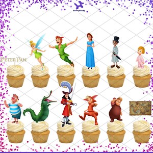 May include: Peter Pan cupcake toppers featuring characters from the Disney movie, including Peter Pan, Tinkerbell, Captain Hook, and Wendy. The toppers are printed on cardstock and are ready to be used on cupcakes.