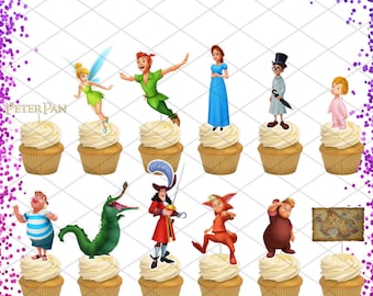 Peter Pan Tinker bell Cupcake Toppers Birthday Party Food Picks Cake Decoration Adventure Island of Neverland Pirate Captain Hook Wendy John