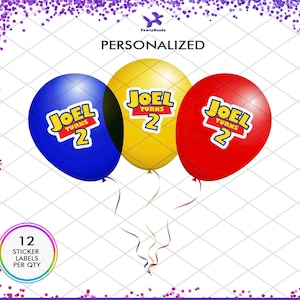 May include: Three balloons with the name "Joel Turns 2" printed on them. The balloons are blue, yellow, and red. The balloons are tied together with a ribbon.