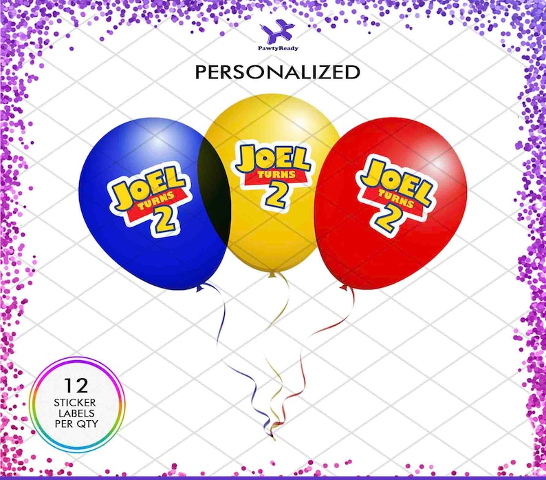 May include: Three balloons with the name "Joel Turns 2" printed on them. The balloons are blue, yellow, and red. The balloons are tied together with a ribbon.