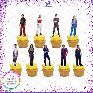 May include: A collection of 18 cupcake toppers featuring characters from a movie, each standing on a yellow frosted cupcake. The characters are dressed in various outfits, with a purple and white background.