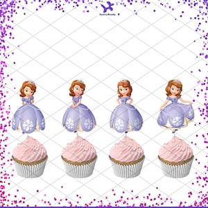 May include: Four cupcakes with pink frosting and white star sprinkles are shown below four princess figures in lavender dresses. The princess figures have brown hair and tiaras. The image has a purple glitter border and the text "PawtyReady".