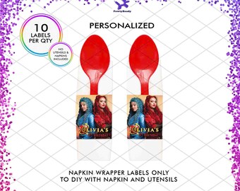 Custom Descendants 4 Napkin Label, Personalized Apple Name Utensil Wrapper Band, DIY Birthday Party Decoration, Rise of Red Chloe