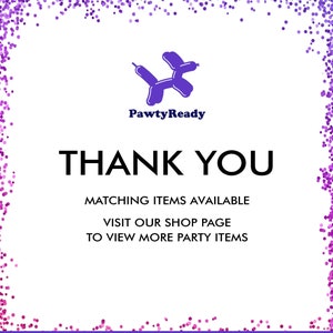 Puede incluir: Fondo blanco con un borde de purpurina morada. El texto "THANK YOU" est&aacute; en letras negras grandes y en negrita. Debajo, un texto m&aacute;s peque&ntilde;o dice "MATCHING ITEMS AVAILABLE" y "VISIT OUR SHOP PAGE TO VIEW MORE PARTY ITEMS."