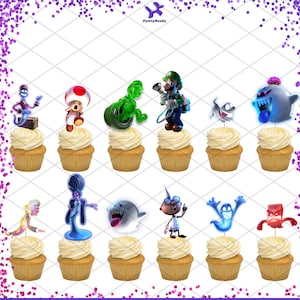 Luigi Mansion Cupcake Toppers Birthday Party Food Picks Cake Decoration Kids Ghost Boo Dark Moon Scary Spooky House Game King Boo