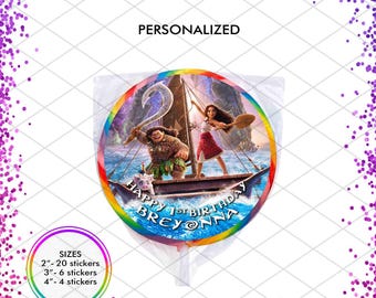 Moana and Maui Kakamora Personalized Stickers, Custom Princess Party Favor, Round label for Lollipop, Gifting, Tag, Seal