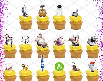 WALL-E Eve Cupcake Toppers Birthday Party Food Picks Cake Decoration Kids Robots Futuristic Space Recycle Plants